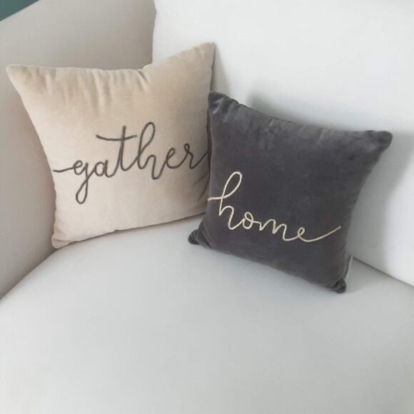 Primitives by Kathy GATHER Embroidered Creme Velvet 12x12 Square Throw Pillow - Picture 2 of 7